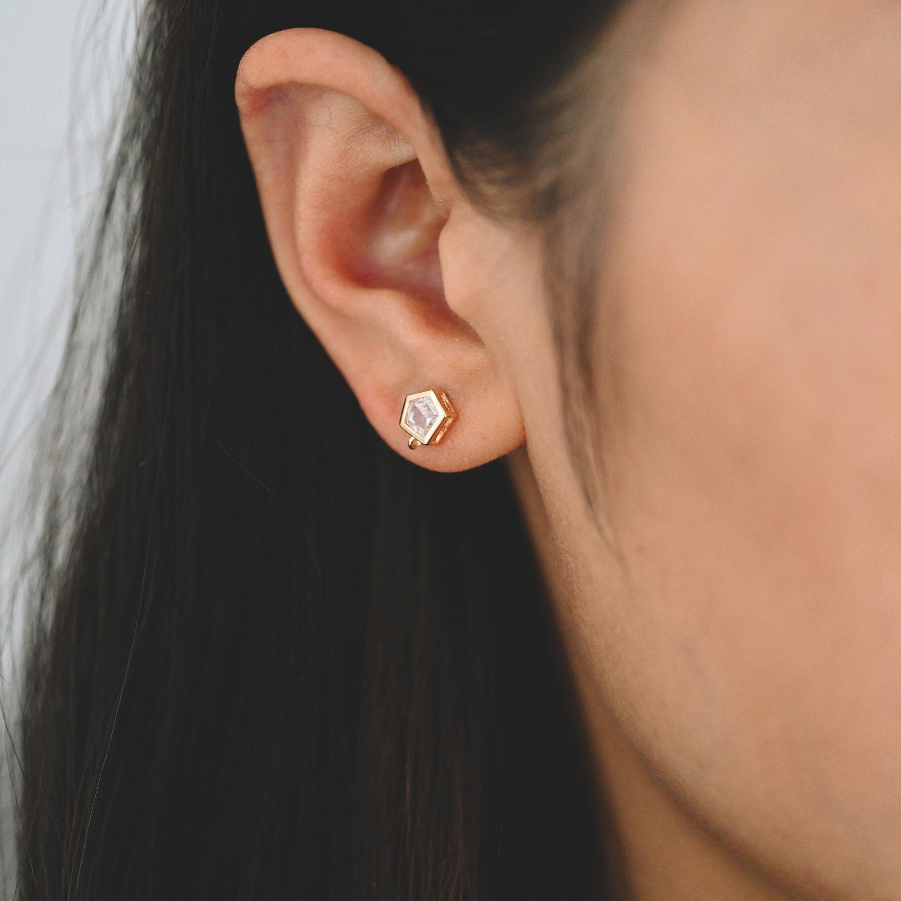 4pcs CZ Pave Pentagon Earring Stud with Loop, 18K Gold plated Brass Ear Posts, Geometric Earring Findings (#GB-3333)